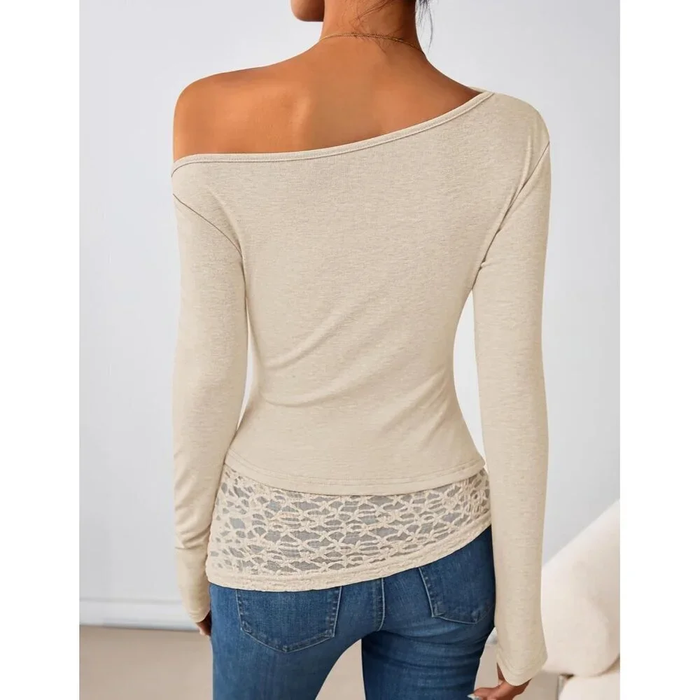 Women's Off Shoulder Apricot Long Sleeve Top Casual Lace Slim Fit Fall YK Blouse - Picture 3 of 5